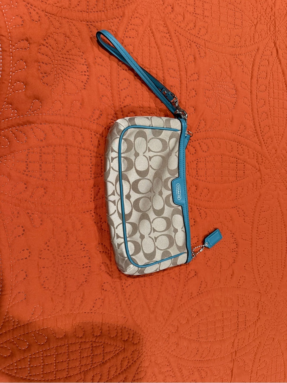 Coach Beige Signature Canvas Wristlet with Turquoise Trim